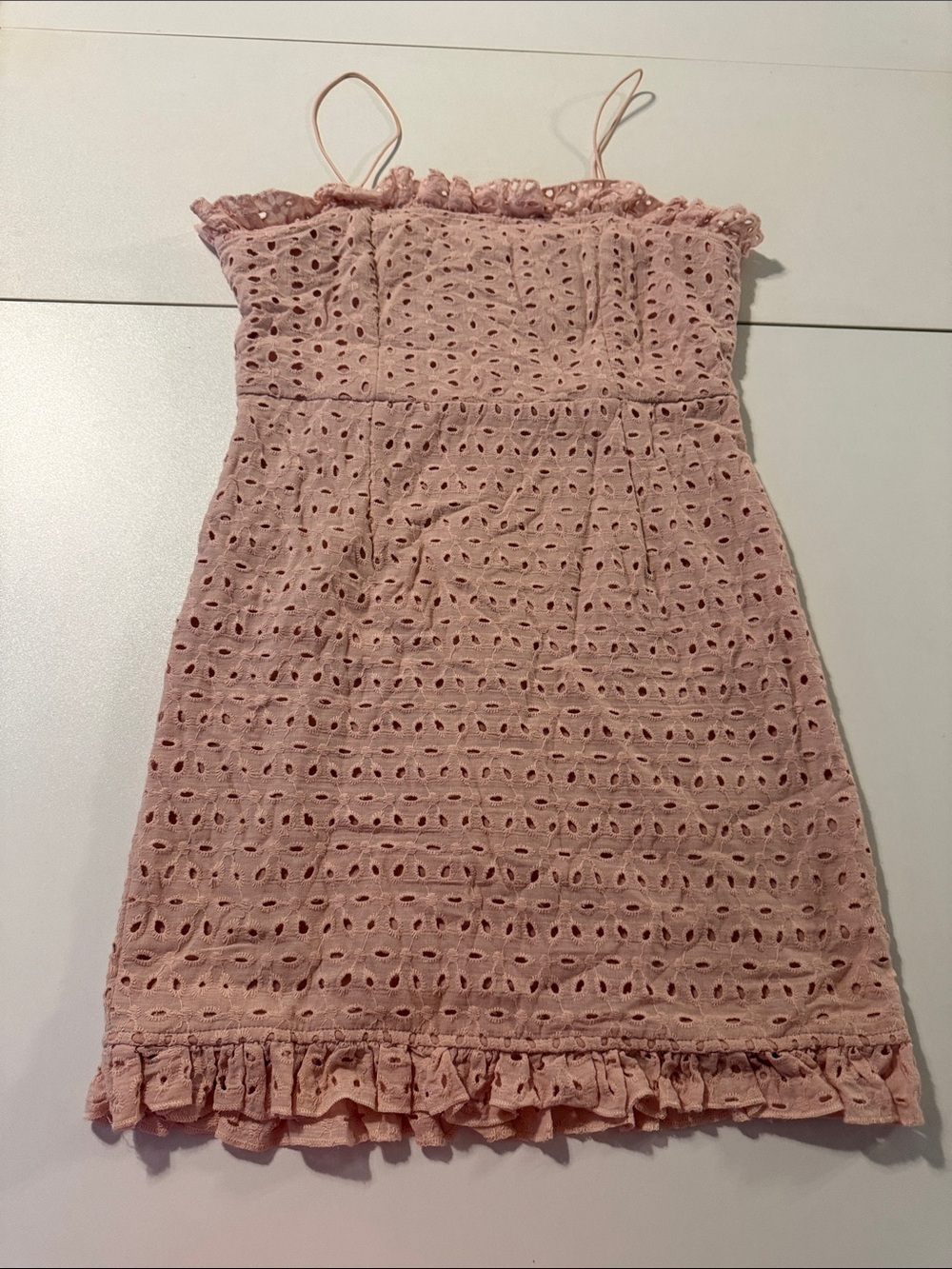 Pretty Little Thing- Pink Eyelet Sundress with Ruffle Trim